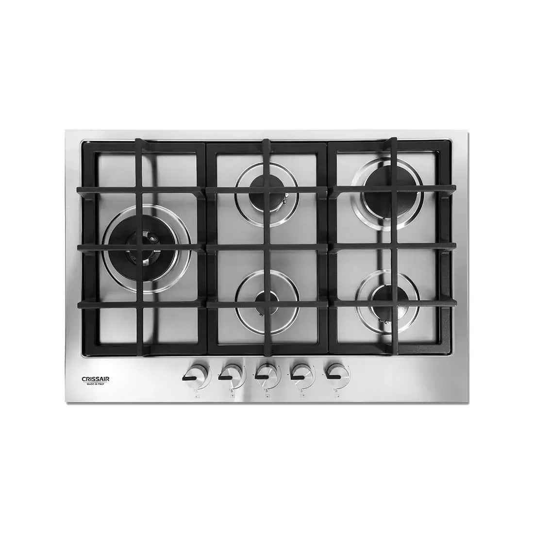 Cooktop a Gás CrissAir 5 Bocas Inox 75cm em inox 304 com cinco queimadores, trempes ferro fundido e botões frontais